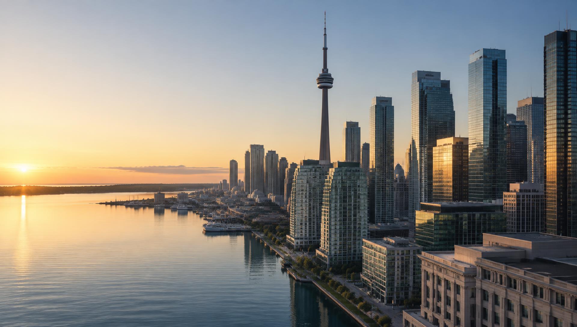 Toronto skyline and waterfront at sunrise